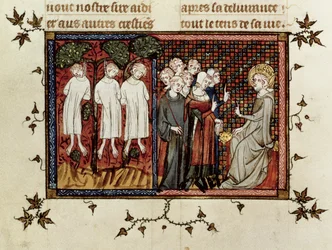 Ms Fr. 5716 fol.246 San Luigi che pronuncia giudizio e condanna Enguerrand de Coucy (1228-1311) per aver impiccato tre giovani nobili, dalla Vita e miracoli di San Luigi, c.1330-40