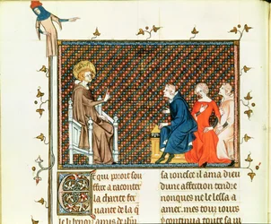 Ms Fr. 5716 fol.44 San Luigi che insegna ai suoi figli, dalla Vita e miracoli di San Luigi, c.1330-40