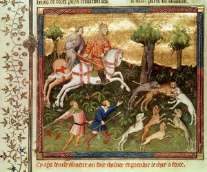 Cani che attaccano un leopardo, da un libro di Gaston Phebus de Foix (1331-91)