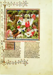 Cacciatori che banchettano prima della caccia al cervo, da Libro della Caccia di Gaston Phebus de Foix (1331-1391)