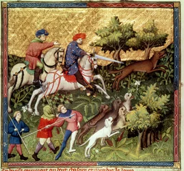 Caccia al lupo, da un libro di Gaston Phebus de Foix (1331-91)