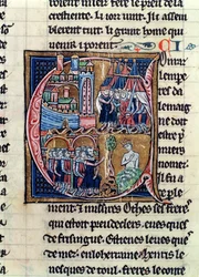 Ms Fr 9081 fol.206 Iniziale istoriata C raffigurante Corrado III (1137-52) Imperatore di Germania e Luigi VII (1120-80) Re di Francia, assediando Damasco nel 1148, da Histoire de Jerusalem di William