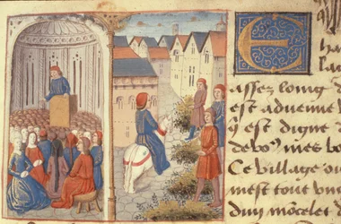 Una lezione e spargimento di giunchi nelle strade, da Les Cent Nouvelles Nouvelles, 1462