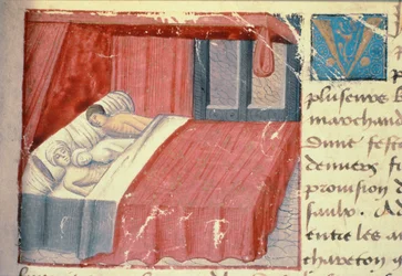 Ms Hunter 252 f.18r Una scena di letto, da "Les Cent Nouvelles Nouvelles".
