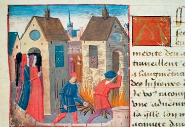 Ms Hunter 252 f.75v Incendio di una casa, da Les Cent Nouvelles Nouvelles, 1462
