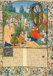 Ms Hunter 371 f.1r Dama di Fortuna e vittime che cadono dalla sua ruota, da 