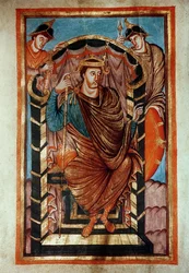 Ms Latin 266 fol.1v Lotario I (795-855) In trono, dagli Evangeli di Lotario, c.840-851