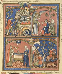 Ms M 638 fol.14r Abimelech e Sansone, dalla Bibbia illustrata di Morgan, c.1244-54