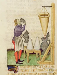 Ms. Tractatus de Herbis di Dioscoride, fol.142r Produzione di alcol