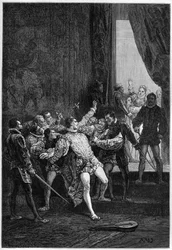 Assassinio di David Rizzio (Davide) alla presenza di Maria Stuart (Maria I) (1542-1587) - incisione in „L