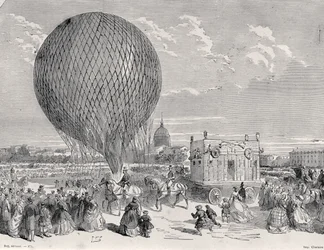 Il pallone di Nadar, Le Géant, preparato al Champ de Mars, Parigi per il suo primo volo il 4 ottobre 1863, illustrazione da Paris a Travers Les Siecles: Tome 5, 1889