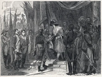 Napoleone Bonaparte (1769-1821) consegna il trattato di Campoformio al membro del Direttorio il 10 dicembre 1797. Questo trattato tra Francia e Austria segna la fine della Prima Coalizione