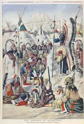 Capo nativo americano che incita alla rivolta contro i bianchi, illustrazione da Le Petit Journal