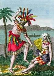 Abitanti nativi delle Isole Marchesi, illustrazione da Histoire des Voyages Autour du Monde di J. Dufay, pubblicato da Courvalet & Co., Parigi, 1826