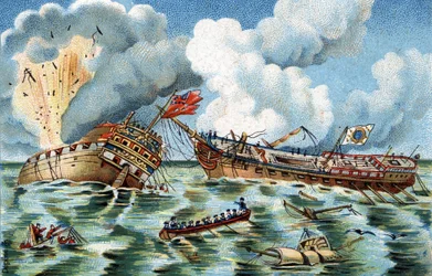 Combattimento navale tra la “Supervisante” e la “Quebec”, 6 ottobre 1779 non lontano da Ouessant. La fregata francese era comandata dal Capitano Du Couedic de Kergoaler, la fregata inglese dal Capitano Farmer. Cromolitografia intorno al 1890