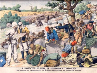 Navigazione sul fiume Niger tra Koulikoro e Timbuktu. Una spedizione comandata dal comandante Le Blevec trasporta barche in sezioni intorno alle rapide