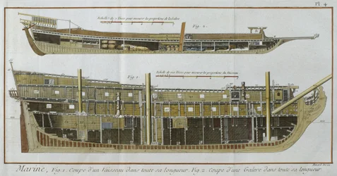 Sezioni longitudinali di una nave e di una galera, illustrazione dall