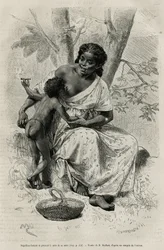 Negillon che fuma e prende il seno di sua madre, nella regione del Darien (Panama orientale), incisione da un disegno di D.Maillart, per illustrare la storia Esplorazione agli istmi di Panama e Darien, di A. Reclus, tenente di nave, dal 1876 al 1878