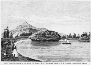 Nuova Caledonia, Isola dei Pini, Pic Nga visto da Kuto, dopo un disegno del Reverendo Padre Lambert, un missionario marista, illustrazione dal bollettino Les Missions Catholiques, 1893