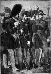 Nuove uniformi della guardia imperiale francese nel 1860. Incisione in "Le Monde Illustré" n.165 del 9 giugno 1860