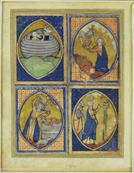 Noè riceve la colomba bianca, Mosè riceve le tavole della legge, il sacrificio di Abramo, Mosè e il serpente di bronzo, fine XIII secolo