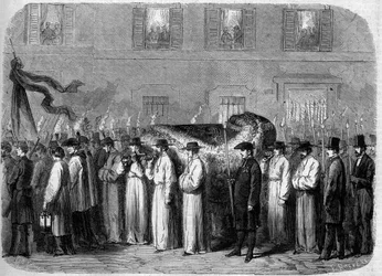 Esequi di Jean Baptiste (Giovanni Battista) Niccolini (1782-1861), 21 settembre 1861: corteo funebre che trasporta i resti del poeta italiano per le strade di Firenze (Firenze), Italia. Incisione in "Le Monde Illustré" n.234 del 5 ottobre