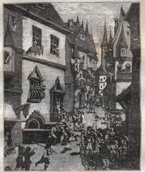 Il 20 maggio 1636 otto falsari furono arrestati in rue Champfleuri da due commissari di polizia accompagnati da una dozzina di sergenti - in "Paris à travers les siècles" di Nicolas Jules Henri Gourdon de Genouillac (1826-1898)