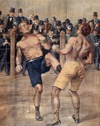 Uno dei primi incontri di savate, boxe francese, combattuto a Parigi nel 1899, incisione a colori, Francia
