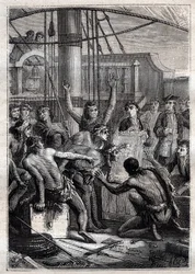 Solo uno specchio aveva il dono di eccitare il loro stupore: Viaggio di Samuel Wallis (1728-1795) in Polinesia - indigeni stupiti da uno specchio - illustrazione tratta da 