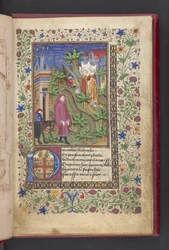 Pagina di apertura. Un gentiluomo in un paesaggio, seguito da un altro a cavallo, con tre signore. 