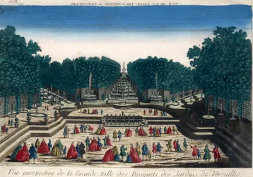 Veduta ottica: Veduta prospettica della grande sala dei boschetti dei giardini di Versailles. Incisione del XVIII secolo.