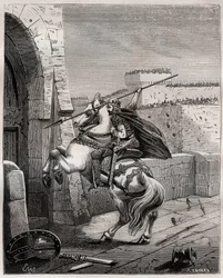 Ottone II, Sacro Romano Imperatore davanti a Parigi - Ottone II del Sacro Impero, detto il Rosso (955-983) irritato per non poter penetrare a Parigi (assedio di Parigi, 978), avanza sotto le mura della città per piantare la sua lancia nella porta - incisio
