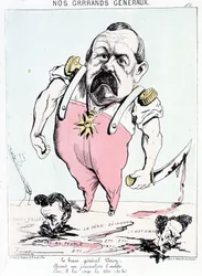 I nostri grandi generali: il coraggioso Generale Vinoy quando un giornalista lo infastidisce, crack, gli taglia la testa. Caricatura su Vinoy e la Comune.
