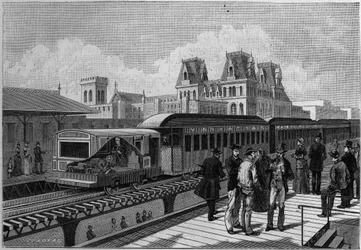 Panoramica della stazione ferroviaria sopraelevata e del treno elettrico a New York, USA. Incisione in "La Nature. Revue des sciences et de ses applications aux arts et à l