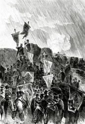 Manifestazione pacifista sulle fortificazioni dei massoni il 28 aprile 1870 per chiedere la cessazione del bombardamento di Parigi, da Le Monde Illustré, 5 maggio 1870