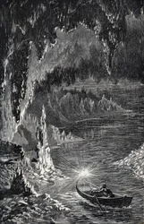Grotta di Padirac nel dipartimento del Lot, in Francia - Riviere souterraine - Gouffre de Padirac - nel Lot in Francia - incisione in "PATRIE" - DESCRIPTION PICTURESQUE DE LA FRANCE EN 6 VOLUMES DI LUCIEN HUARD - fine XIX secolo
