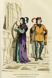 Costumi di paggi e trovatori nel XIII secolo. Incisione a colori dal disegno di un manoscritto dei miracoli di San Luigi (Luigi IX 1214-1270), in 