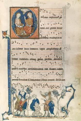 Pagina di un manoscritto per un cantante parigino, con illustrazioni della Santissima Trinità e del gioco Mosca Cieca, c.1280-1315
