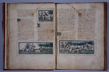 Pagine 57 e 58, da Le Livre du Roy Modus et de la Royne Racio, di Henri de Ferrieres, c.1420