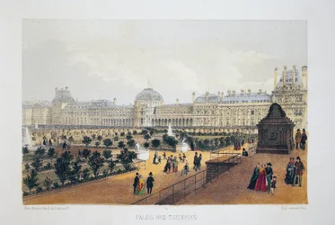 Palais des Tuileries, Parigi. Litografia acquarellata, illustrazione in "Album, souvenirs de Paris", editore Daziaro, Parigi