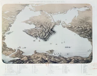 Veduta panoramica e pianta di Sebastopoli e della costa del Mar Nero al tempo della guerra di Crimea, 1855