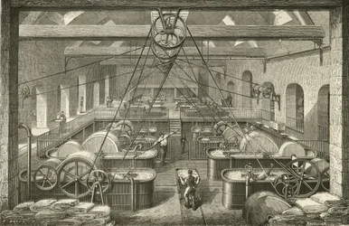 Fabbricazione della carta: sbiancamento della polpa di stracci. Incisione c1870.
