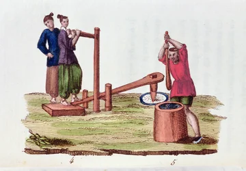 Fabbricazione della carta dal bambù, da La Chine en Miniatures di M. Breton, pubblicato a Parigi, 1811