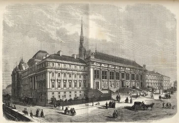 Parigi - nuova facciata del tribunale, costruita da Joseph-Louis Duc (1802-1879) - (Facciata Ovest, su Rue de Harlay) incisione del 1869