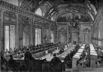 Parigi, 4 agosto 1871: prima riunione del consiglio comunale nella Sala del Trono del Palazzo del Lussemburgo. Incisione in "Le Monde Illustré" n.748 del 12 agosto 1871