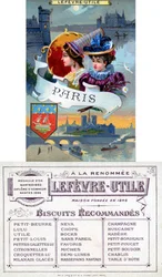 Parigi, fronte e retro di una cartolina promozionale per i biscotti Lefèvre-Utile (LU), fine XIX secolo