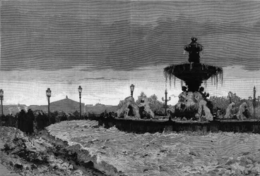 Parigi sotto la neve, inverno 1879-1880: vista di una delle fontane di Place de la Concorde durante il gelo. Incisione di Scott in “The Illustrous World” n°1188 del 3 gennaio