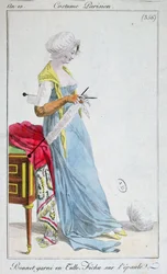 Costume parigino: cappello ornato di tulle, scialle sulle spalle, 1802