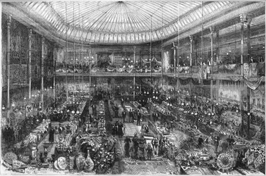 Grandi magazzini parigini: vista della sala del negozio Little Saint Thomas nel 1878. Incisione di Scott in "The Illustrous World" n°1124 del 12 ottobre