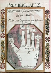 Parti della mano sinistra per coloro che sono nati durante la notte, da un manoscritto di Chiromanzia, XVIII secolo